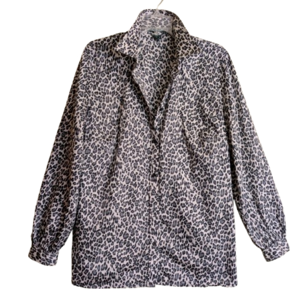 Lauren Ralph Lauren Leopard Print Button Up Blouse Top Black Grey Long Sleeves